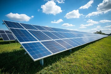 Solar Panel Array Under a Blue Sky: Clean Energy Farm with photovoltaic panels, renewable resource generation, sustainable technology on green field, and fluffy clouds.
