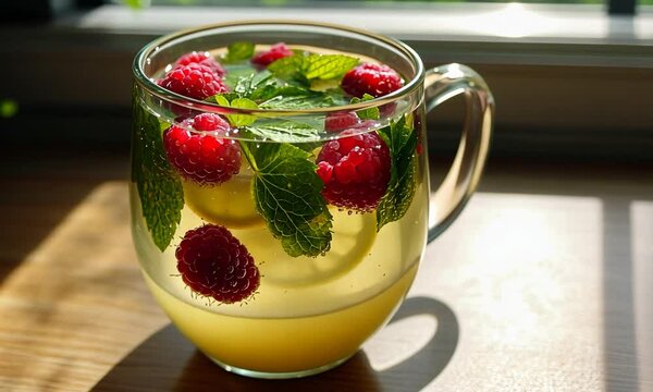 Refreshing glass of mint raspberry lemonade with fresh fruit and herbs, sunlight streaming in
