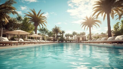 Fototapeta premium Of a Luxury hotel pool with crystal-clear water, surrounded by elegant lounge chairs and palm trees under a bright blue sky