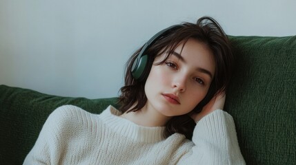 Fototapeta premium Woman wear headphone leaning on sofa.