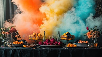 On a black backdrop, colorful smoke or fog creates a border, adding dramatic flair and mystique to a visual scene.
