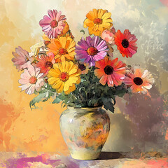 Rustic floral bouquet in earthy ceramic vase with textured painting style