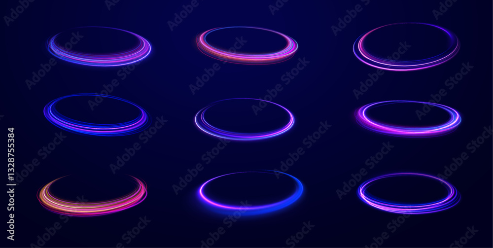 Wall mural ethereal light portals: a mesmerizing array of vibrant neon ovals and swirling energy loops that res