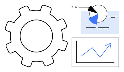 Gear symbol alongside a pie chart and a line graph representing mechanisms, data analytics, strategy, and productivity. Ideal for management, engineering, progress, innovation, planning growth flat