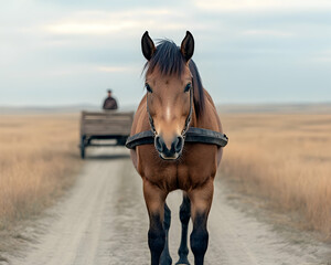 Chestnut horse pulling cart on rural road, farmer in background