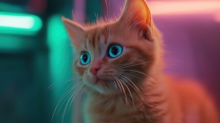 Close-up of a small orange kitten with blue eyes. the kitten is looking directly at the camera with a curious expression. its fur is soft and fluffy, and its ears are perked up.