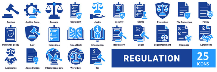 Regulation icon set. with icon auction, justice scale, balance, compliant, justice, security, stamp, protection, file protection, policy, insurance policy, law, guidelines, rules book, information 
