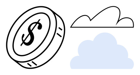 Coin symbolizing finance paired with outlined and shaded clouds suggesting cloud computing, innovation, or remote data access. Ideal for tech, finance, cloud services, innovation, economy, technology