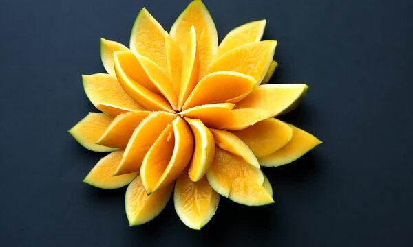 Sliced mango arranged in a floral pattern on a dark background, showcasing vibrant colors and textures