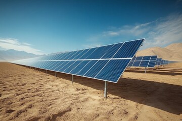 Solar Power in the Desert: A sprawling solar panel farm glistens under a clear blue sky, generating clean, renewable energy in a barren desert landscape.