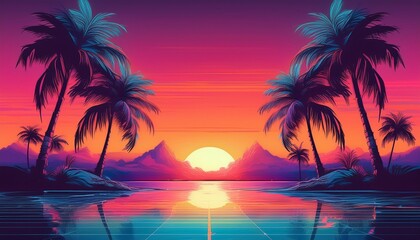Retro 80s-style summer sunset with palm tree silhouettes, neon colors, and a nostalgic vaporwave aesthetic—perfect for vintage vacation vibes and synthwave visuals.