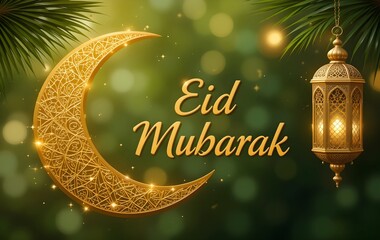 Golden Crescent Moon and Lantern Eid Mubarak Greeting with Green Festive Background and Sparkling Lights