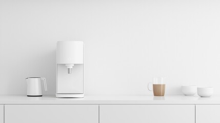 White kitchen countertop with a modern and minimalist design. on the left side of the countertop, there is a white water dispenser with a sleek and modern design.