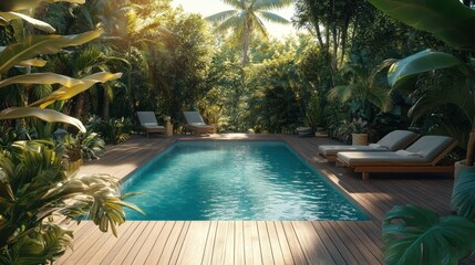 Obraz premium Of a Relaxing poolside scene with a wooden deck, stylish lounge chairs, and tropical greenery all around