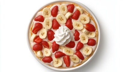 Bowl of assorted fruits topped with whipped cream on a wooden table