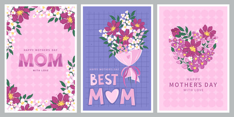 Happy Mother's Day card set, Spring summer floral design. For the best mom inscription. Vector illustration for banner, poster, label, template or cover with flowers frame. 