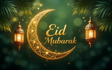 Golden Crescent Moon and Lantern Eid Mubarak Greeting with Green Festive Background and Sparkling Lights
