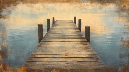 Obraz premium Of a Rustic wooden dock extending into a calm summer lake, reflecting the soft golden hues of the sky