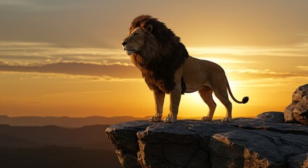 A majestic 3D lion standing on a rocky cliff with a golden sunset behind it