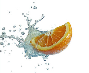 A vibrant orange cut in half, with juice splashing outward in midair. The high-speed capture shows crisp details of the droplets