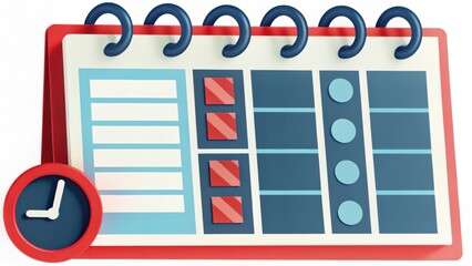 3D Red and Blue Calendar Illustration with Schedule and Clock