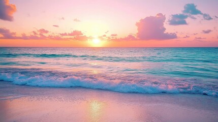 Fototapeta premium Of a Serene beach sunset with gentle ocean waves and soft pink, orange, and purple hues in the sky