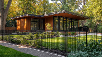 A sleek modern house features large glass windows and wooden accents, standing amidst lush greenery. The well-maintained yard includes a fenced area and walking path, showcasing serene landscaping