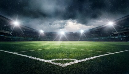 Obraz premium Rain-soaked football pitch under a dramatic, stormy sky, capturing the intensity and cinematic mood of a fierce sports moment—perfect for action-packed sports visuals.