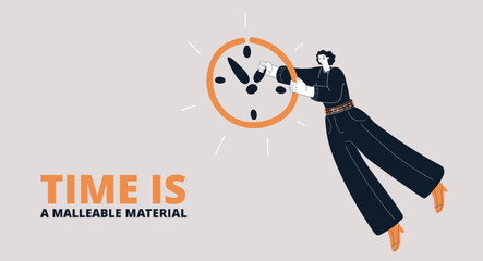 Cartoon vector illustration of a woman soaring through the air, holding clocks, attempting to speed up time and control its flow