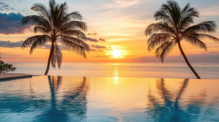 Obraz premium Of a Stunning beachside infinity pool with golden sunset reflections and swaying palm trees