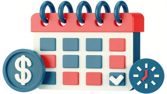 3D Render of Red and Blue Calendar with Dollar Coin and Clock