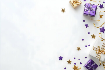 Festive backdrop with purple and gold gifts, stars, and ribbons on white