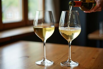 Two wine glasses with white wine being poured, embodying elegance and simplicity in a timeless moment.