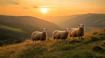 Fototapeta premium Two sheep standing on a green hill with a vibrant sunset in the background creating a peaceful rural landscape