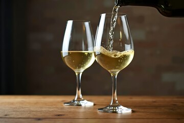 Two wine glasses with white wine being poured, embodying elegance and simplicity in a timeless moment.