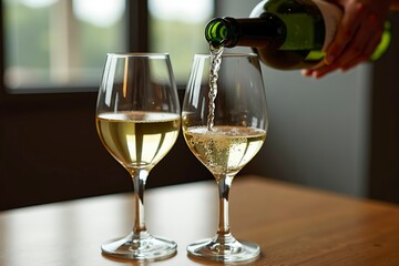Two wine glasses with white wine being poured, embodying elegance and simplicity in a timeless moment.