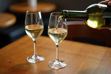 Two wine glasses with white wine being poured, embodying elegance and simplicity in a timeless moment.