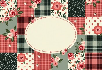 Sophisticated Patchwork Design: Floral and Plaid Patterns in Harmonious Shades of Pink, Green, Beige, Red, Black, and Cream on Pastel, Featuring White Space for Text.

