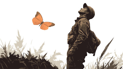 Obraz premium The image is a stylized illustration or vector art depicting a man in profile view, looking upwards towards an orange butterfly in flight. The man appears to be wearing a cap and a backpack,