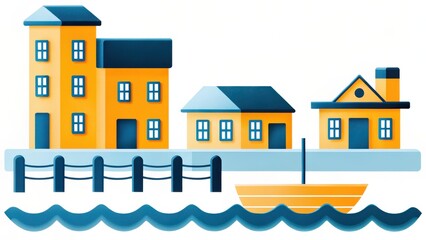 Fototapeta premium Charming Yellow And Blue Waterfront Village Houses With Small Boat
