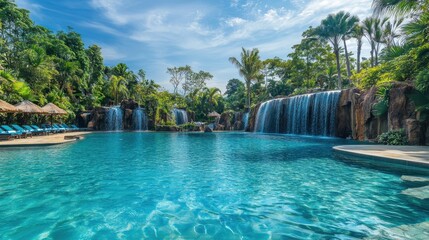 Of a Vibrant tropical resort with a large lagoon-style swimming pool, waterfalls, and floating sun loungers