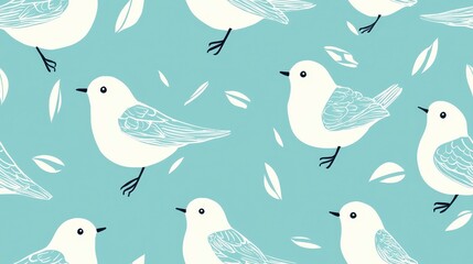 Charming Pattern of White Birds with Blue Accents on Turquoise Background