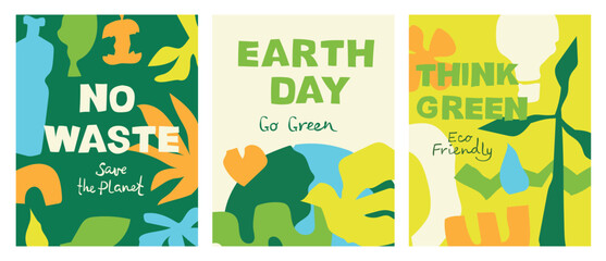Set of Save the planet and Ecology illustrations for the Earth Day posters and cards. Layouts for prints, flyers, covers, banners design. Eco concepts. Vector illustration
