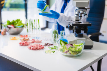 Middle-aged female laboratory worker wearing blue gloves conducts lab test on food ingredients lettuce, cucumber, pork. Using microscope, she analyzes nutrients, preservatives, food safety records.