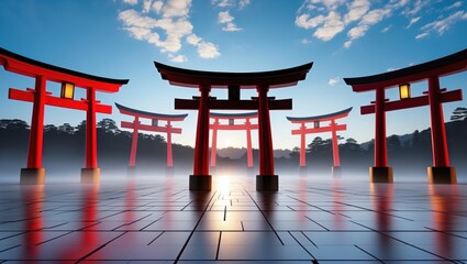 A serene landscape featuring multiple traditional red torii gates reflected on a calm water surface under a bright sky