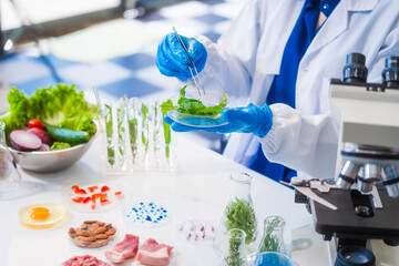 Middle-aged female laboratory worker wearing blue gloves conducts lab test on food ingredients...
