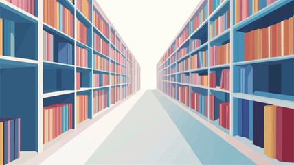 The image depicts a stylized illustration of two rows of bookshelves extending into the distance, creating a vanishing point effect against a bright white background. The bookshelves are a muted