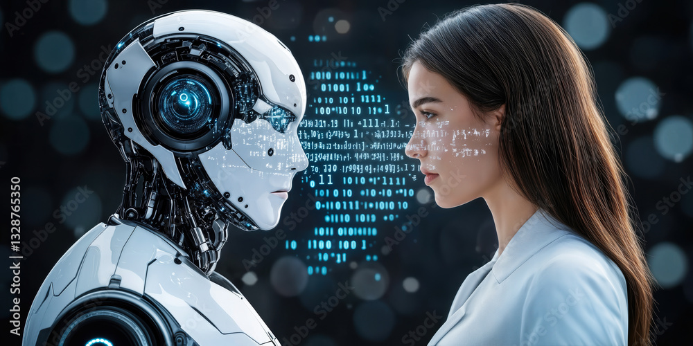 Poster futuristic interaction between humanoid robot and businesswoman with floating binary code representi