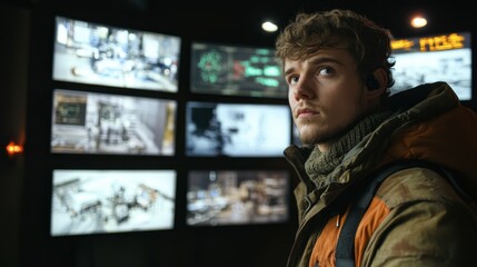 Man with backpack observing a wall of television screens in a modern indoor setting