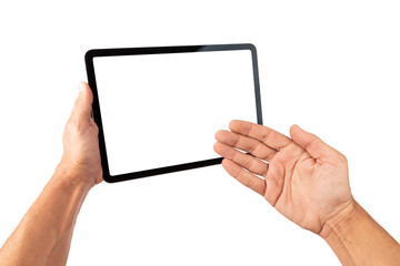 Male hands showing a digital tablet blanc screen isolated no background